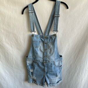 Wax Jean light wash distressed bib overall shorts, size L